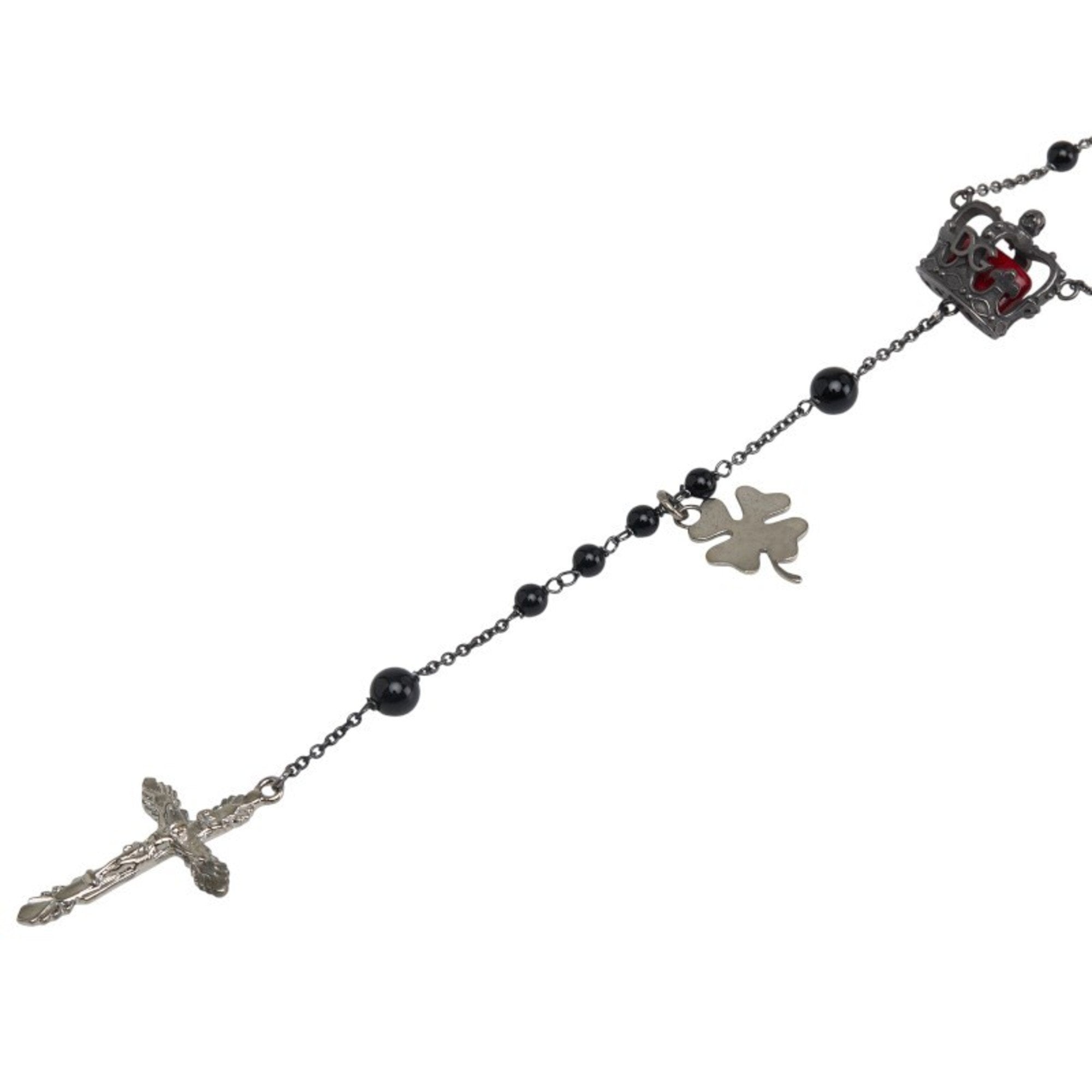 Rosary Cross Pendant Necklace Metal Black and Red and Silver