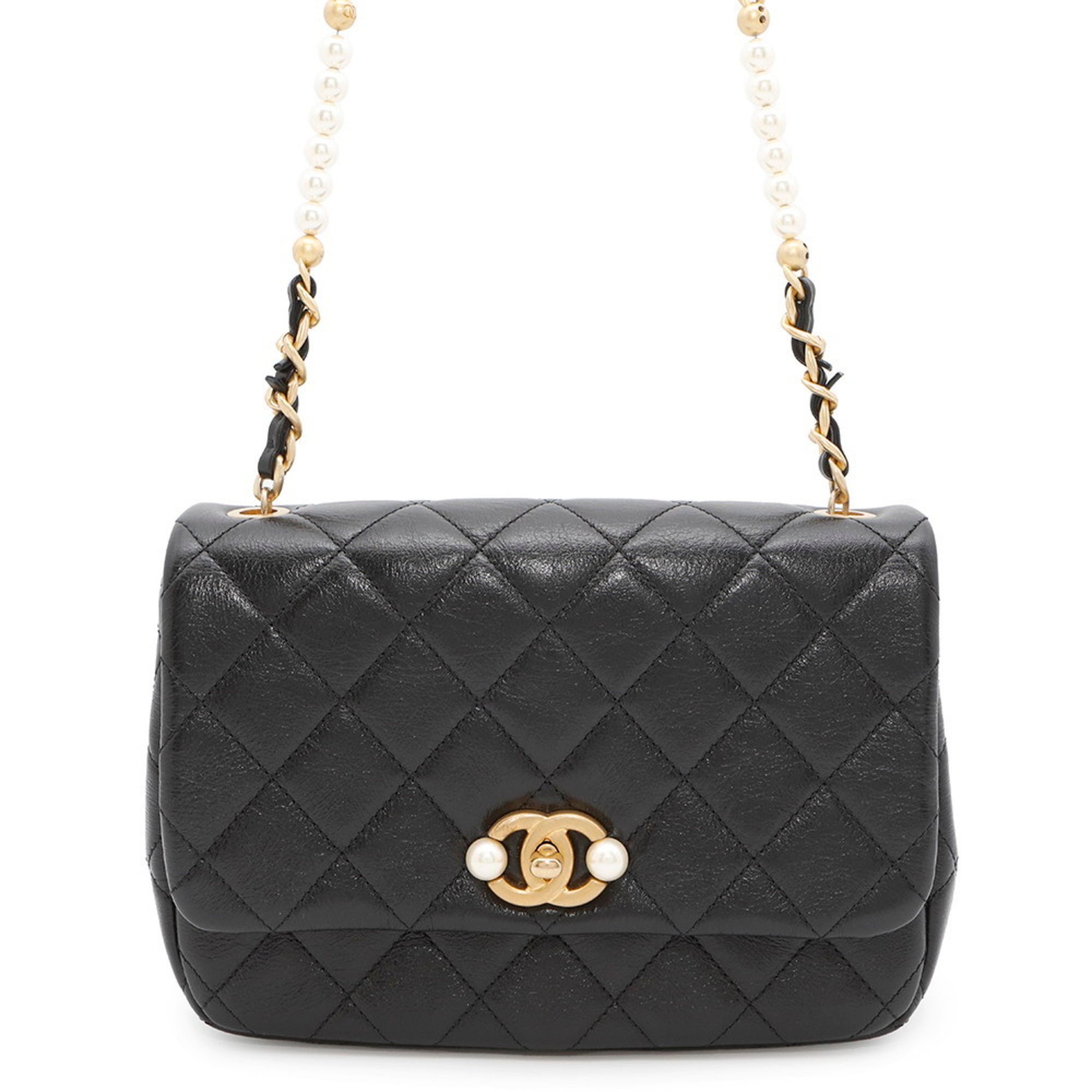 CC Pearl Section Chain Flap Bag Quilted Calfskin Small