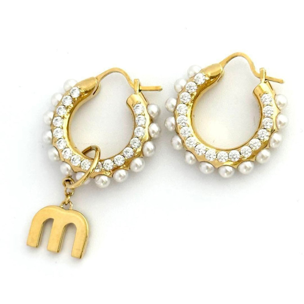 Hoop Earrings Metal with Artificial Pearl and Rhinestone