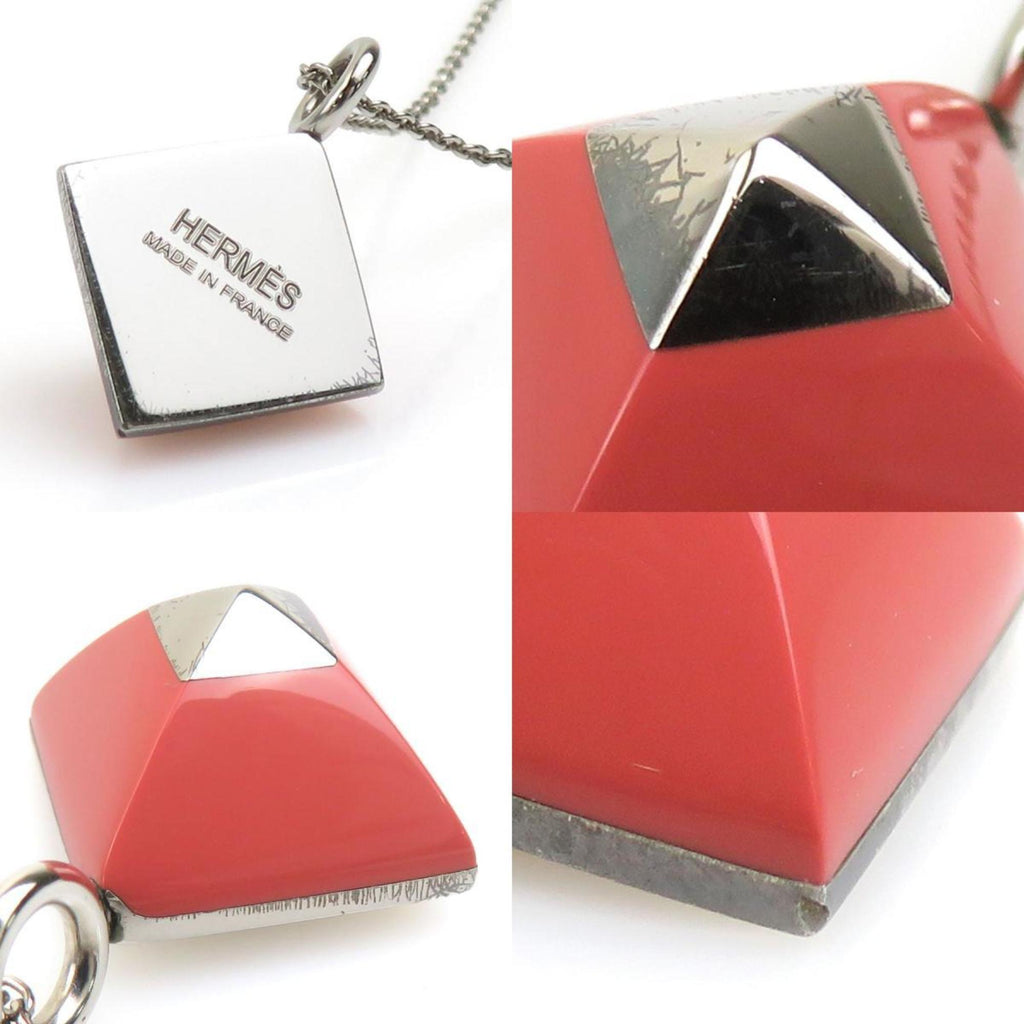 Pendant Necklace Enamel and Metal Pink and Silver