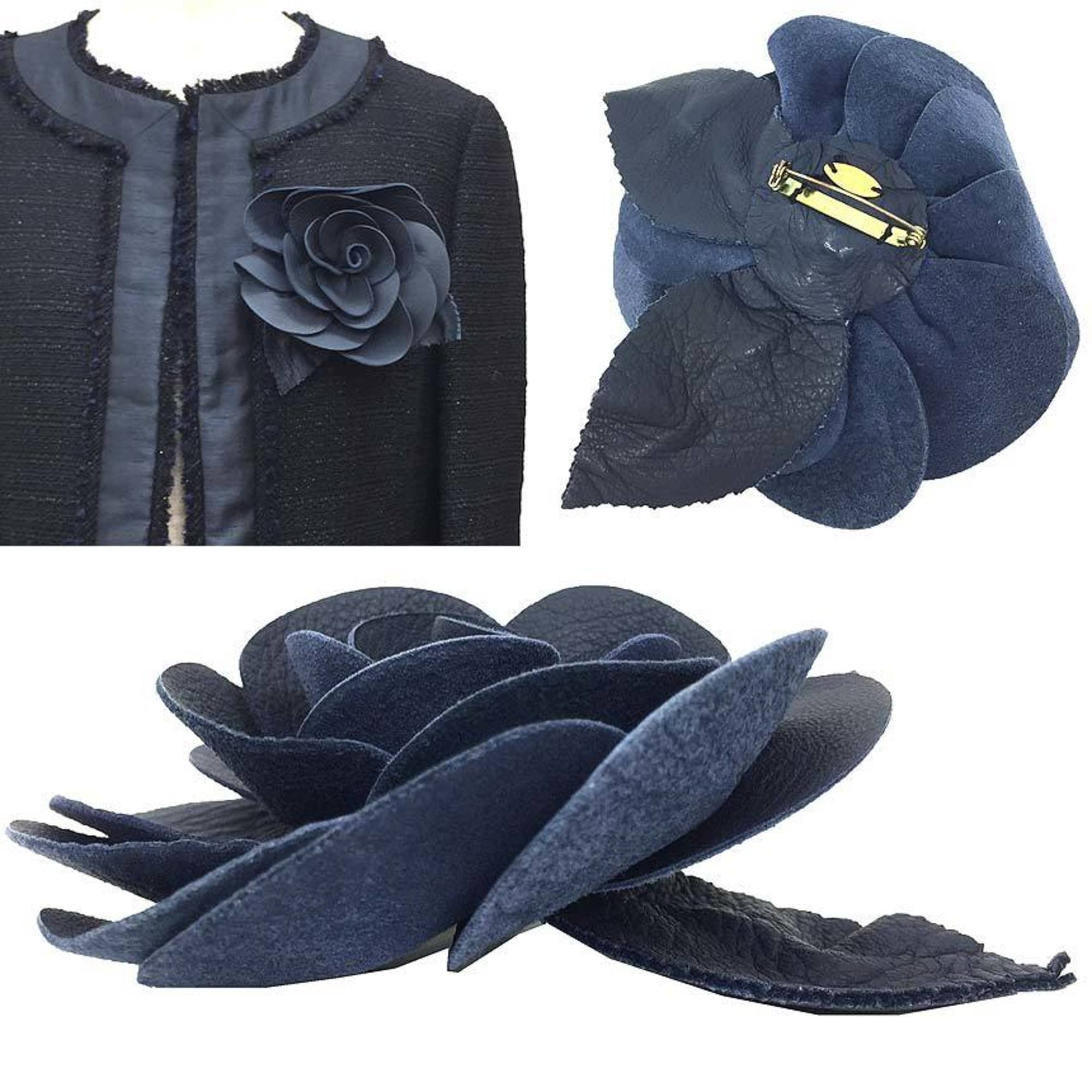 Camellia Corsage Brooch Leather Navy