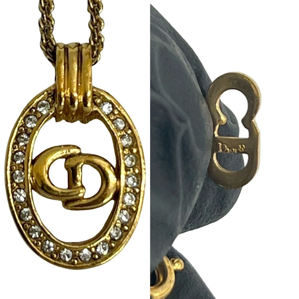 Logo Motif Pendant Necklace Gold with Rhinestone