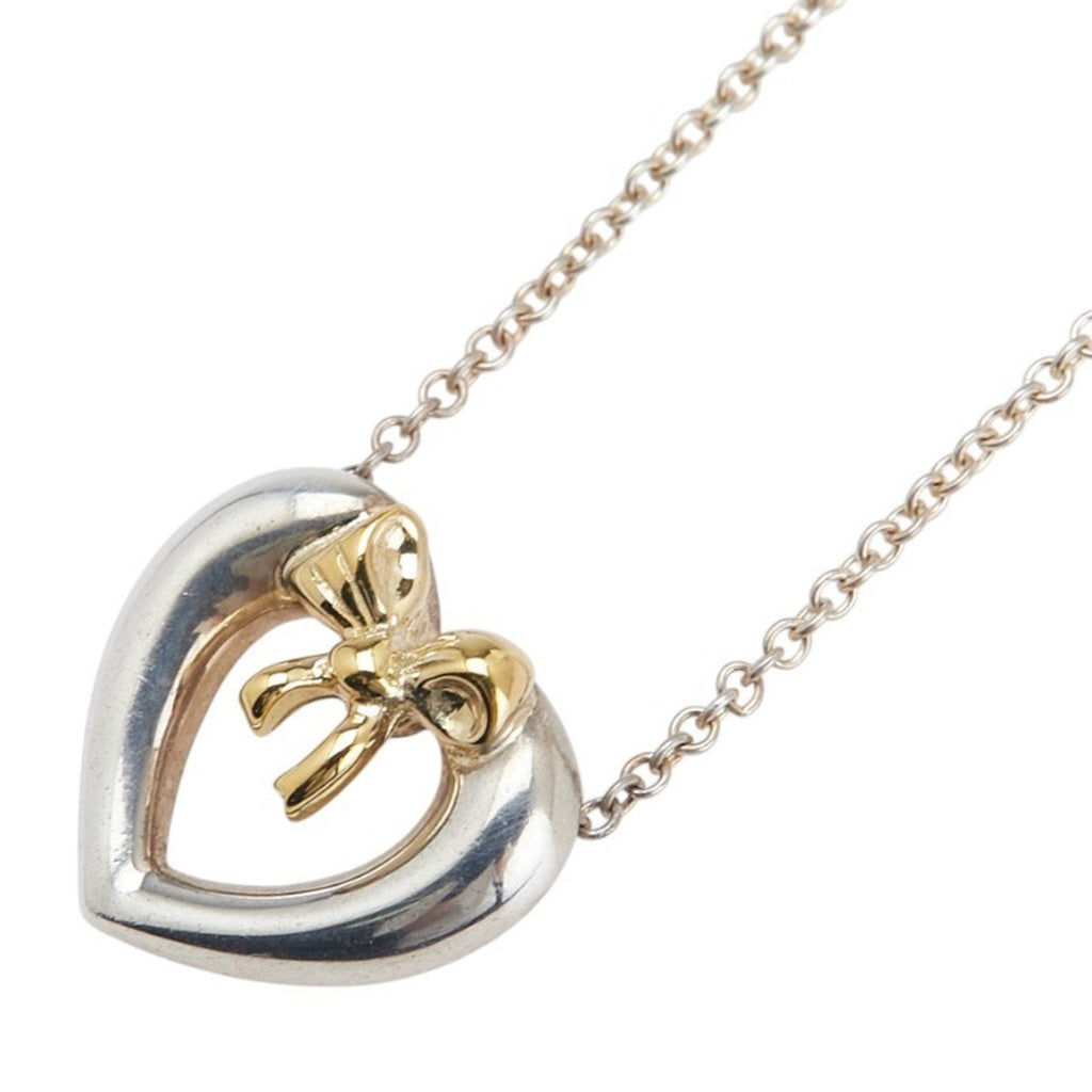 Heart Ribbon Motif Pendant Necklace 18K Gold and Sterling Silver
