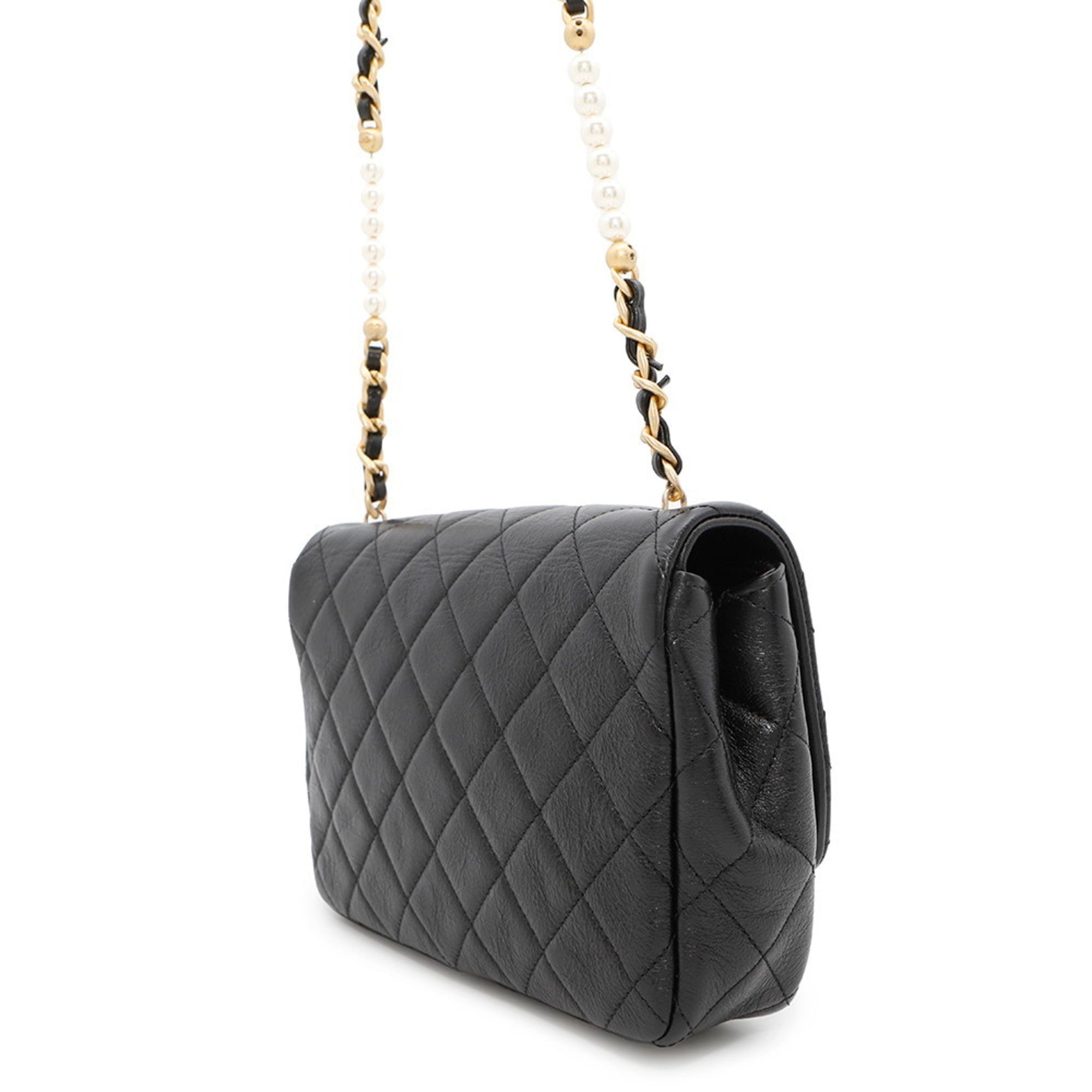 CC Pearl Section Chain Flap Bag Quilted Calfskin Small