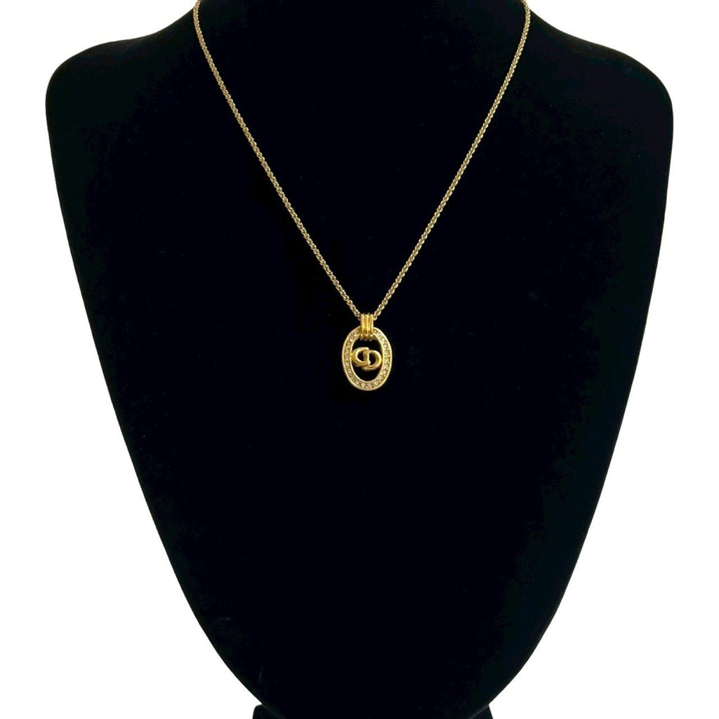 Logo Motif Pendant Necklace Gold with Rhinestone
