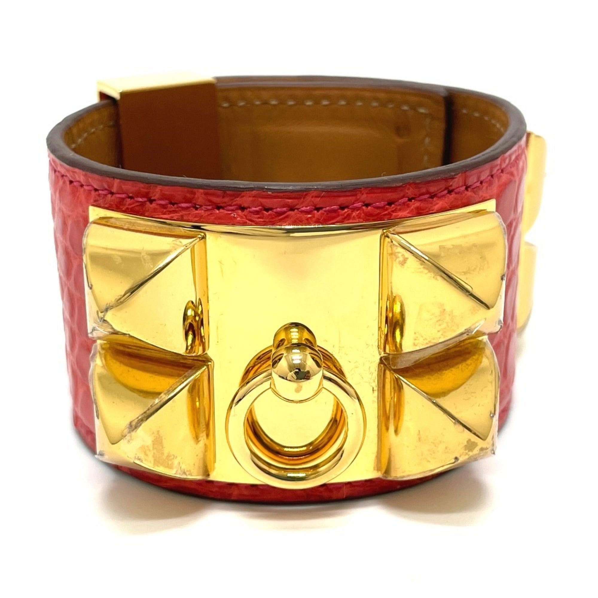 Collier de Chien Bangle Leather Bougainvillier Red with Gold Hardware Bracelet