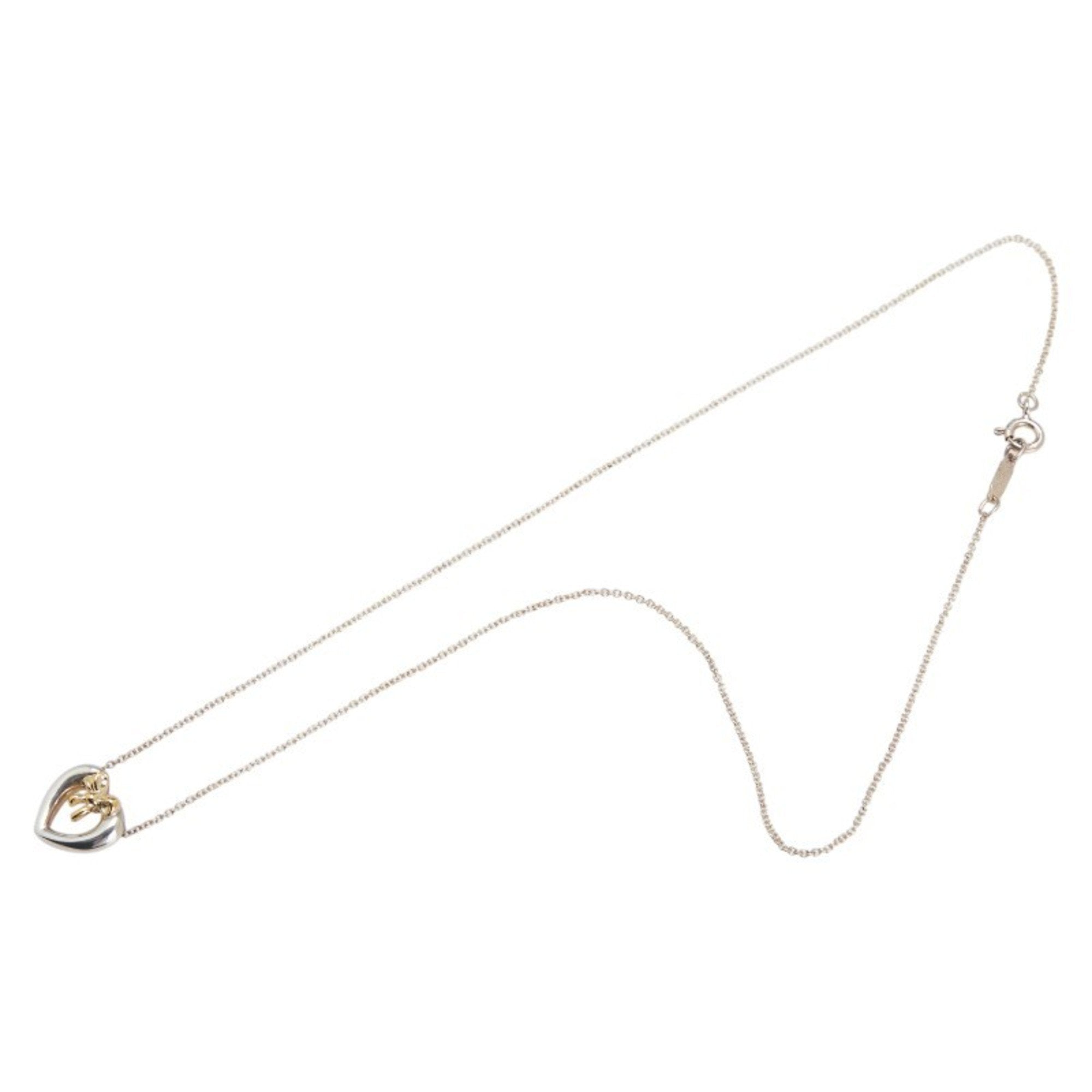 Heart Ribbon Motif Pendant Necklace 18K Gold and Sterling Silver