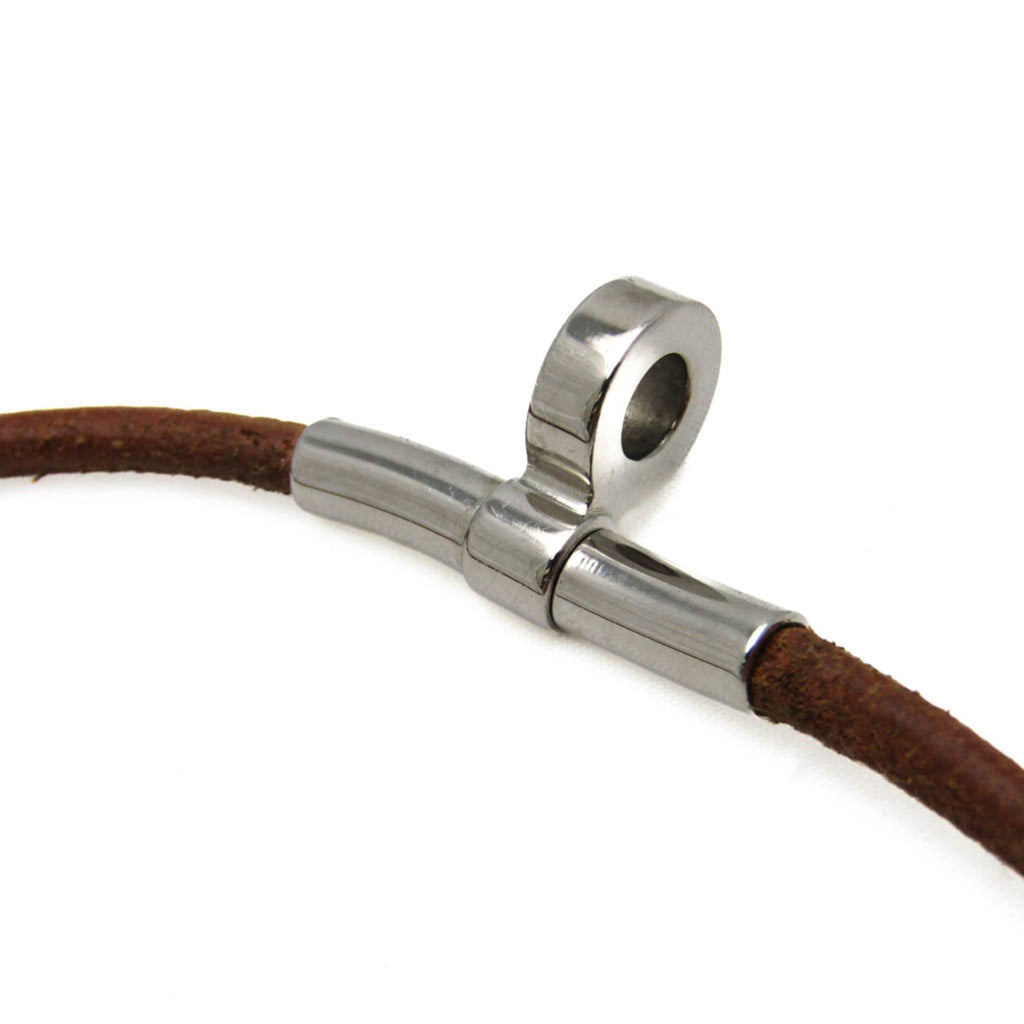 Choker Necklace Leather and Metal Brown and Silver