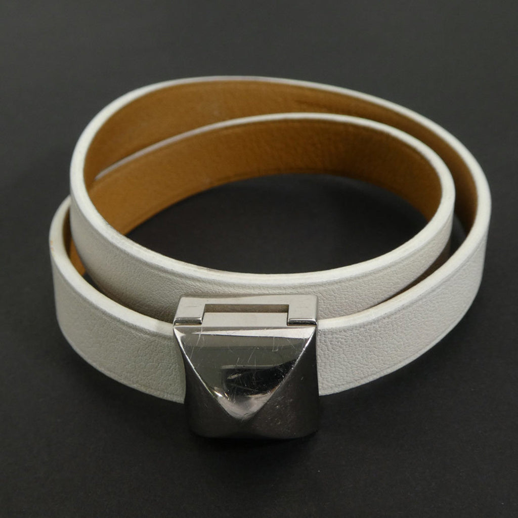 Bracelet Leather and Metal Off-White and Silver