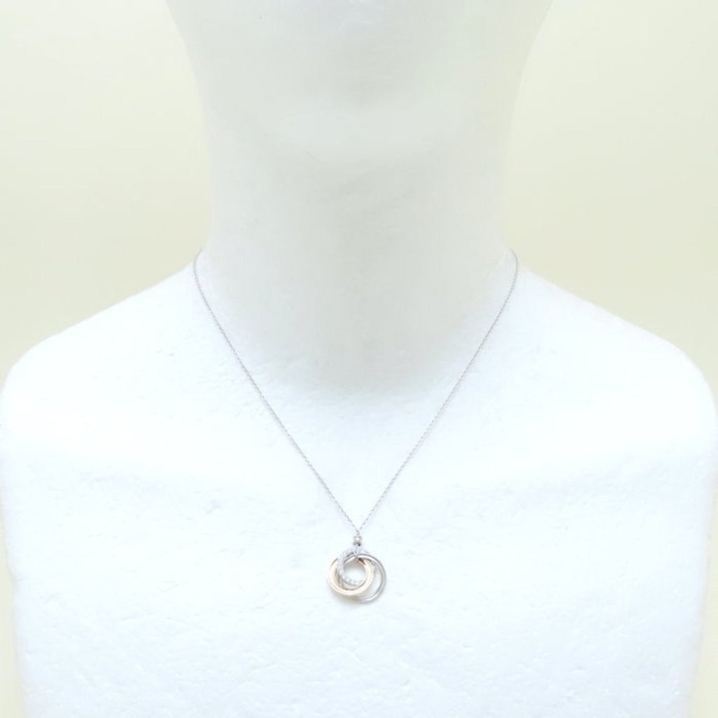 Triple Interlocking Circle Pendant Necklace 18K Rose Gold and 18K White Gold with Diamond