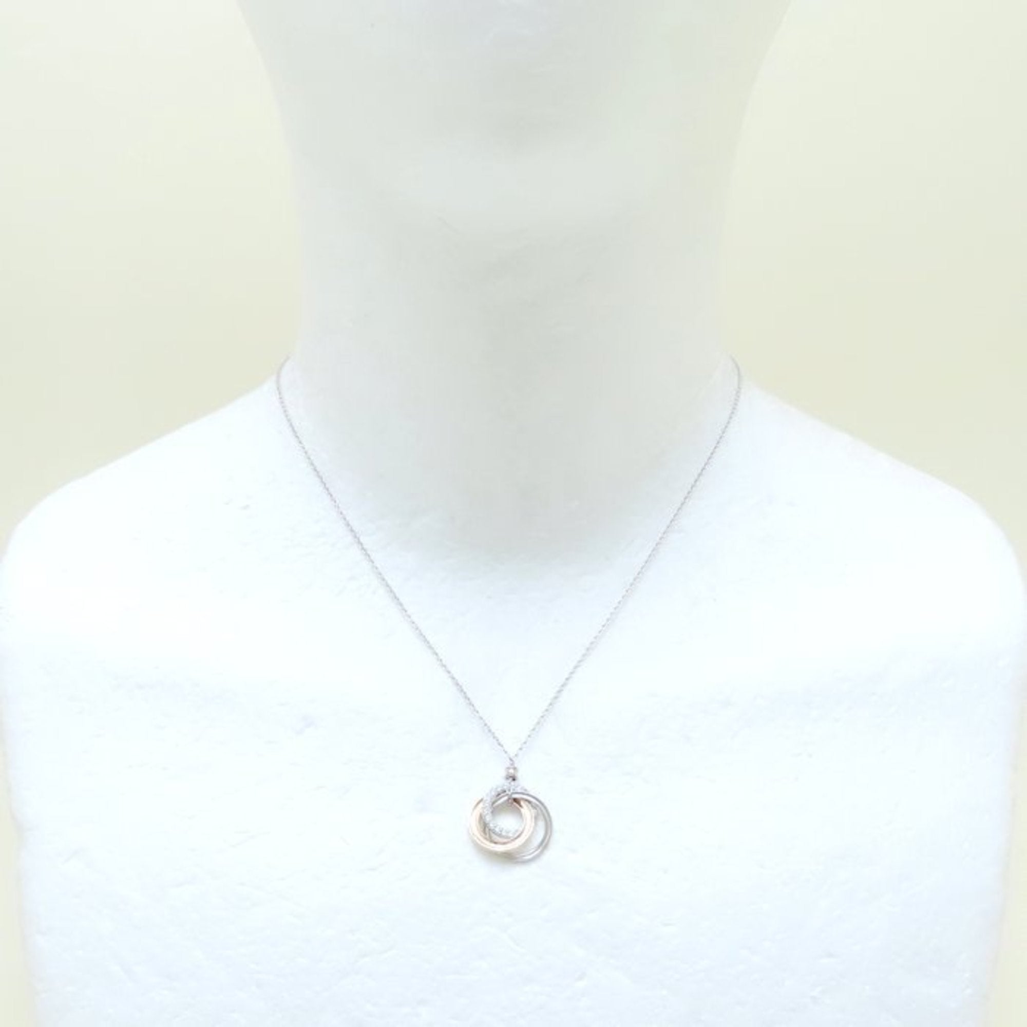 Triple Interlocking Circle Pendant Necklace 18K Rose Gold and 18K White Gold with Diamond