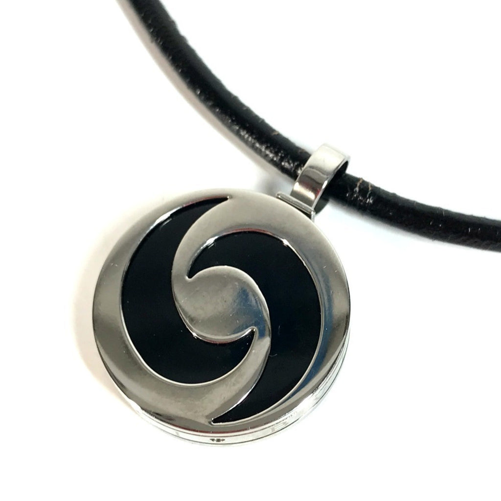 Pendant Necklace Stainless Steel and 18K White Gold with Onyx