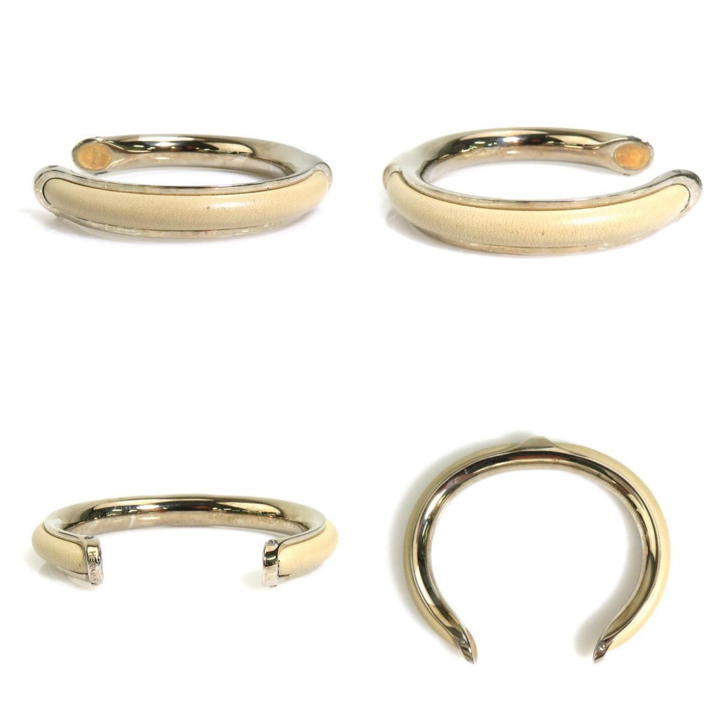 Bangle Bracelet Leather and Metal Grayish Silver