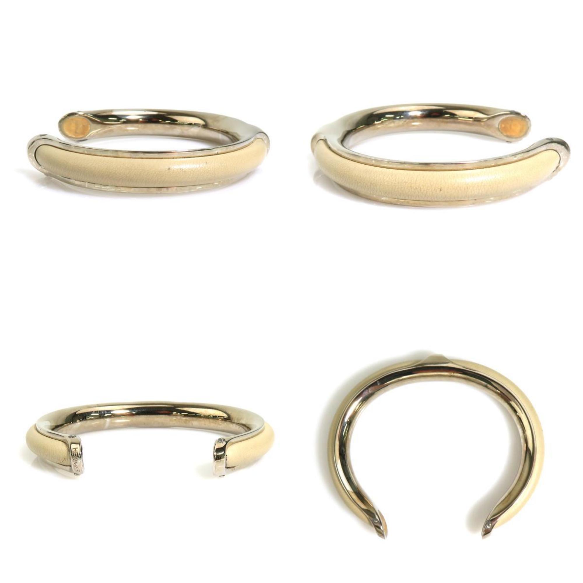 Bangle Bracelet Leather and Metal Grayish Silver