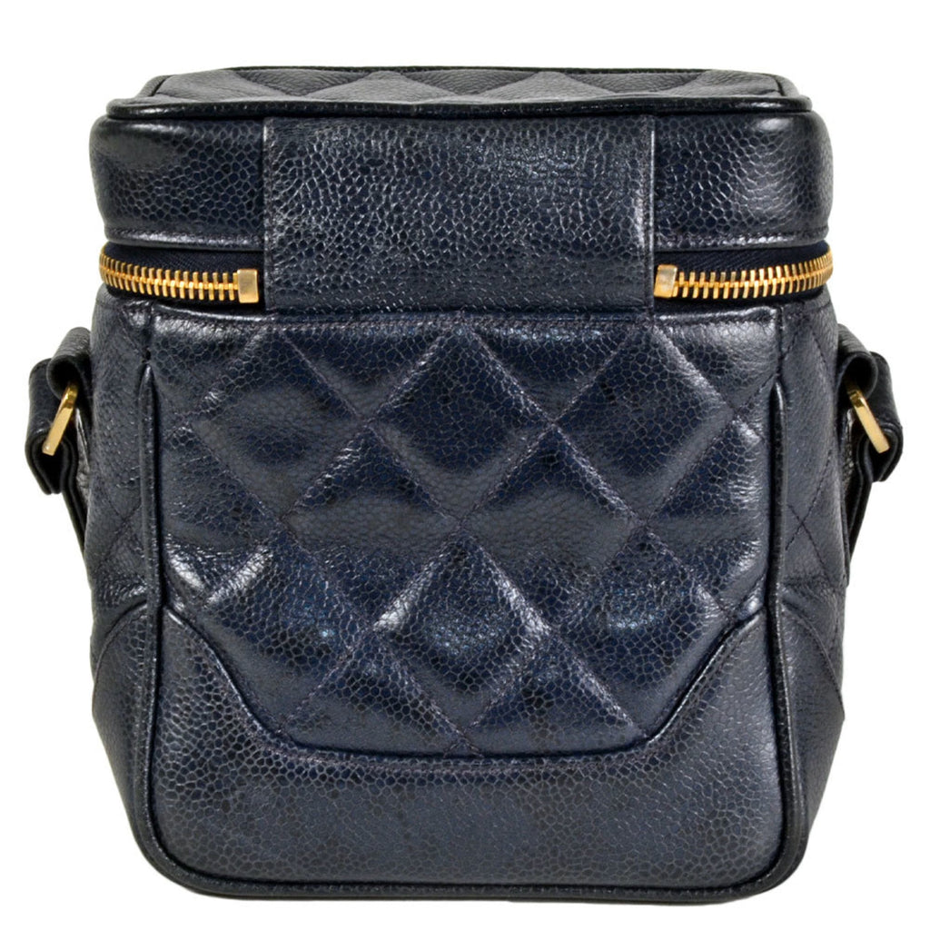 CC Top Handle Vanity Case with Chain Quilted Caviar Small