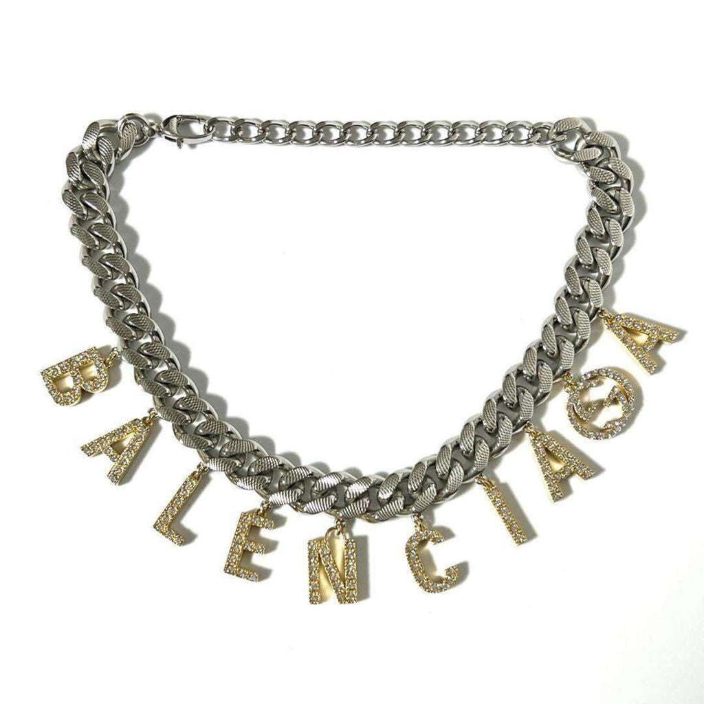 Balenciaga Script Choker Pendant Necklace Metal and Rhinestone