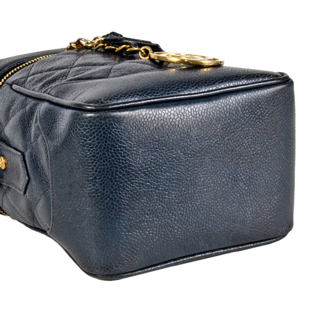 CC Top Handle Vanity Case with Chain Quilted Caviar Small