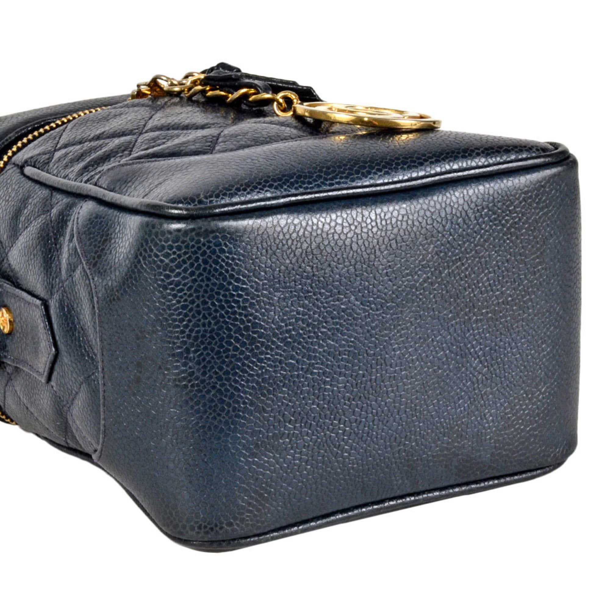 CC Top Handle Vanity Case with Chain Quilted Caviar Small