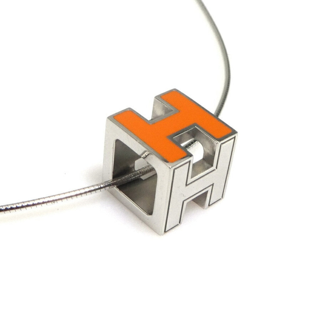H Cube Pendant Necklace Enamel and Metal Orange and Silver