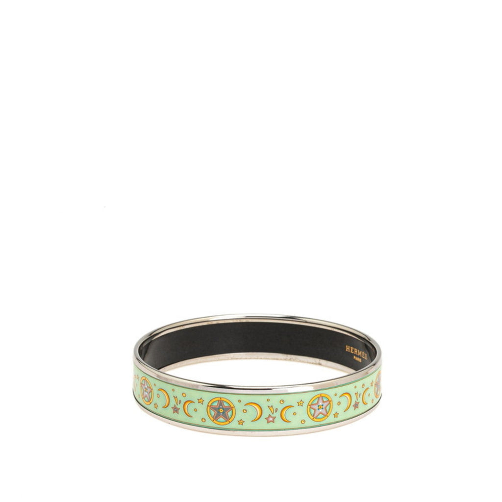 Enamel Moon And Star Bangle Metal Light Green Silver Bracelet