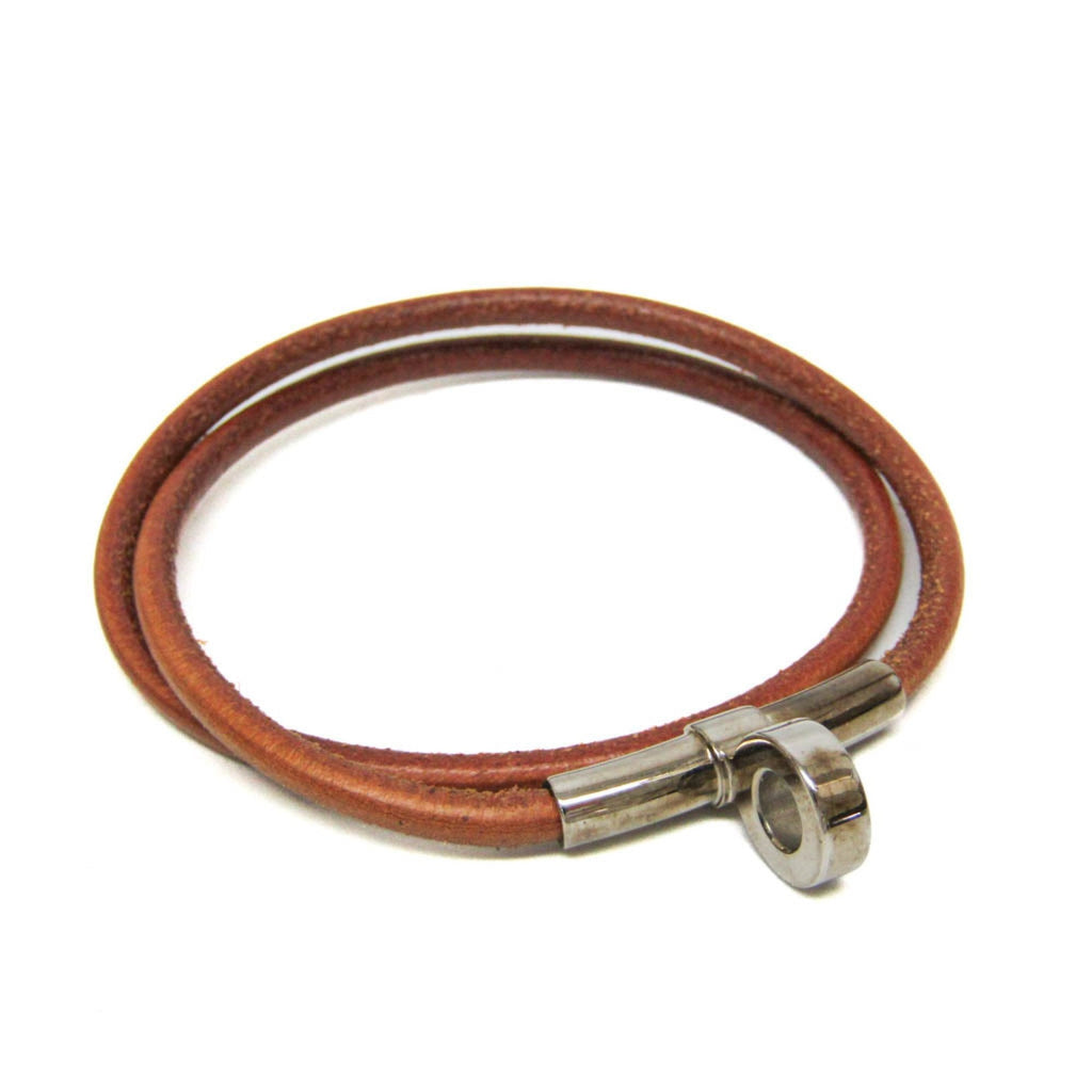 Bracelet Leather and Metal Brown and Silver