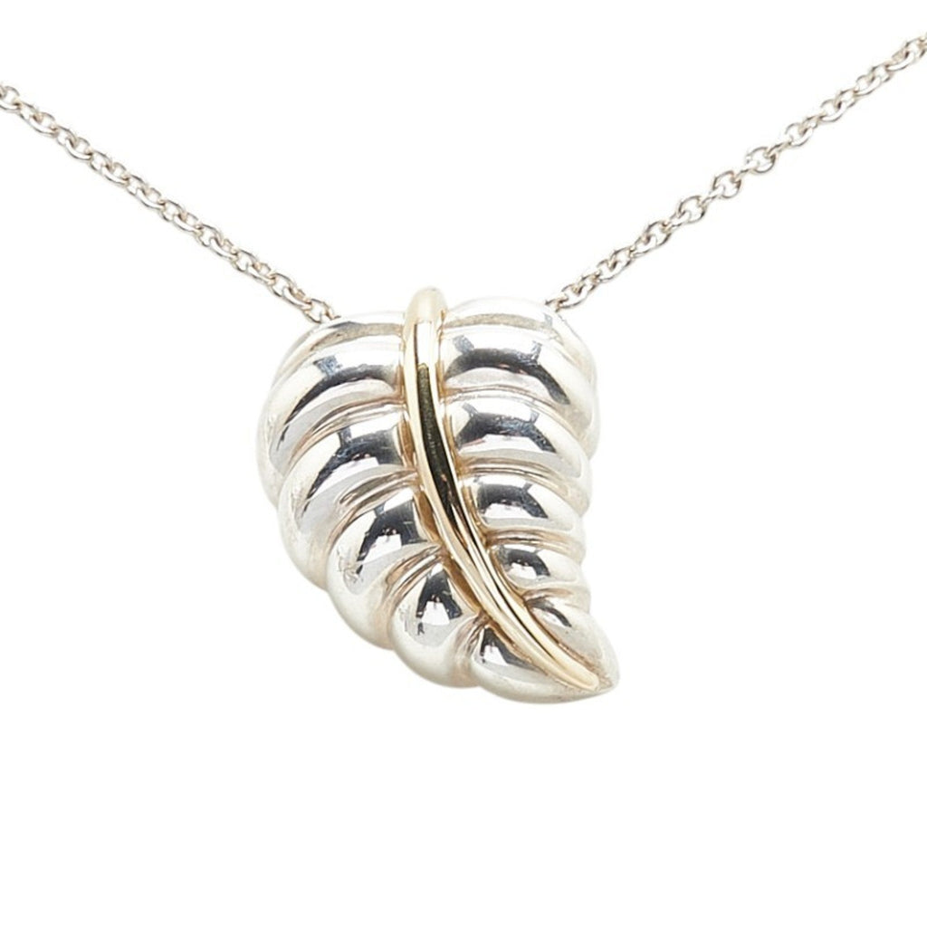 Leaf Motif Pendant Necklace Sterling Silver and 18K Yellow Gold