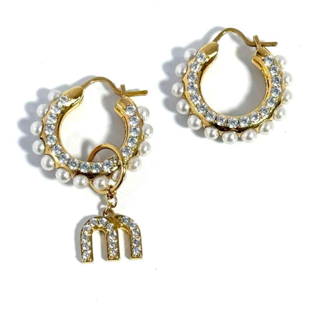Hoop Earrings Metal with Artificial Pearl and Rhinestone