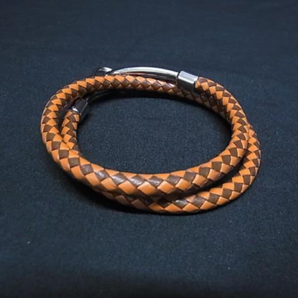 Double Bracelet Brown and Orange Leather Silver