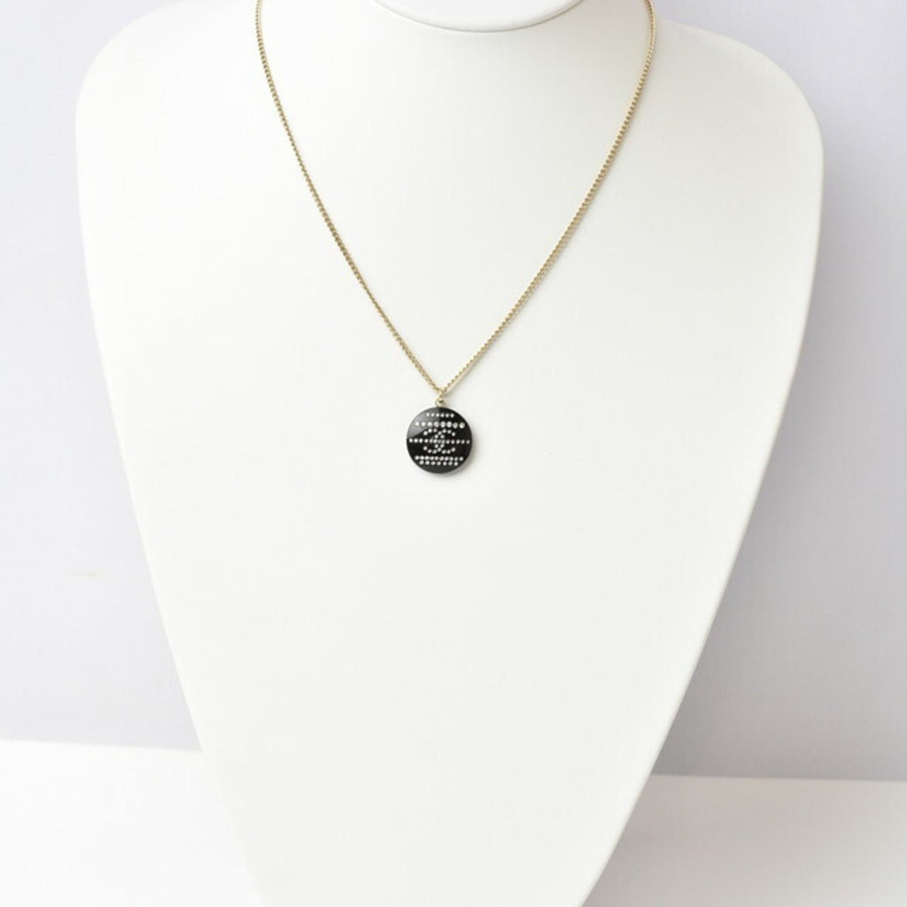 Pendant Necklace Plastic Black and Gold with Rhinestone