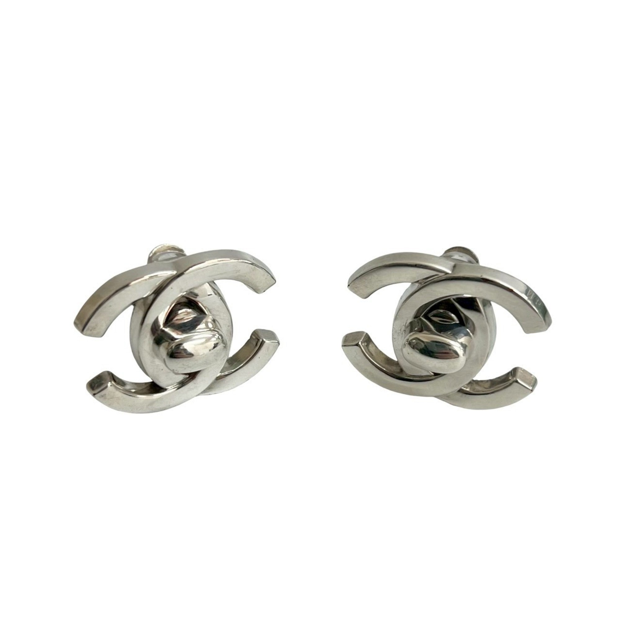 CC Logo Turnlock Clip-On Earrings Sterling Silver Silver-Tone Metal