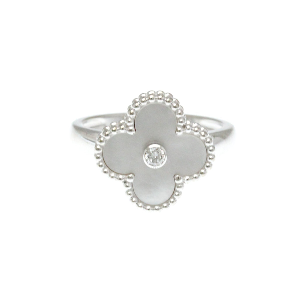 Vintage Alhambra Ring Sterling Silver and 18K White Gold and Mother of Pearl