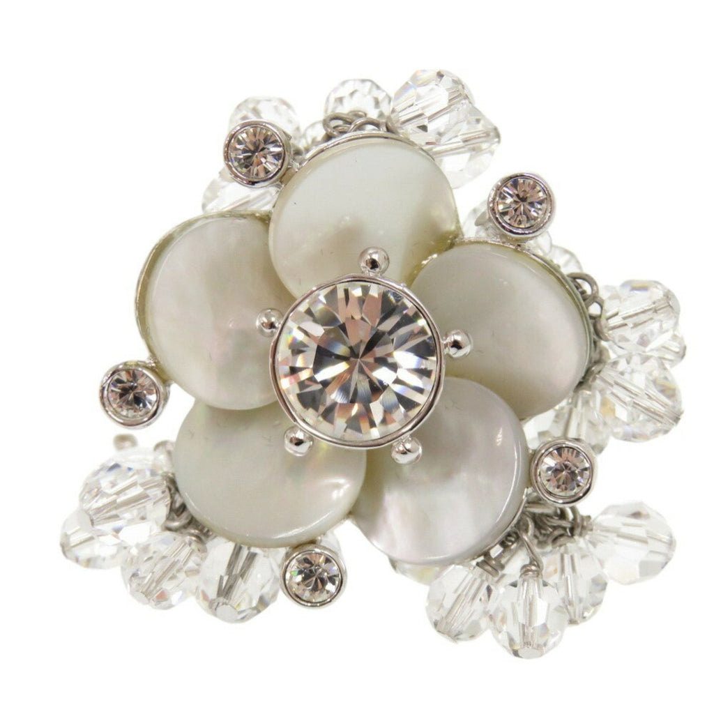 Flower Motif Ring Metal With Crystal Silver White