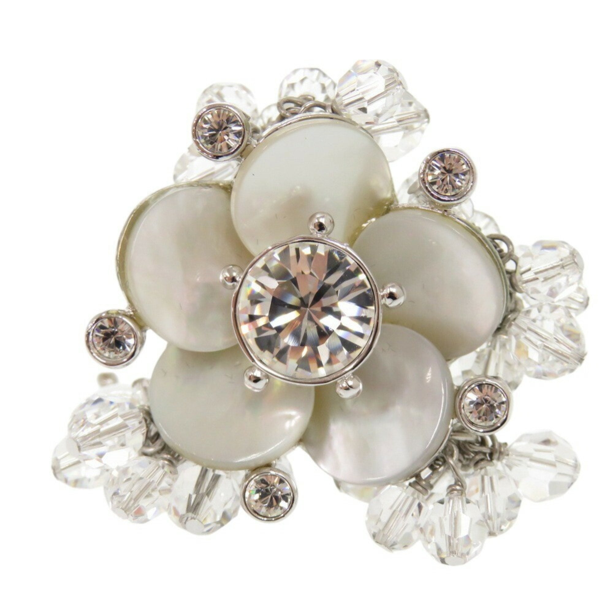 Flower Motif Ring Metal With Crystal Silver White