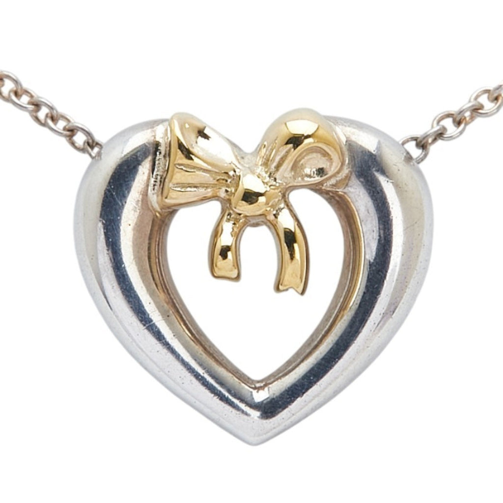 Heart Ribbon Motif Pendant Necklace 18K Gold and Sterling Silver