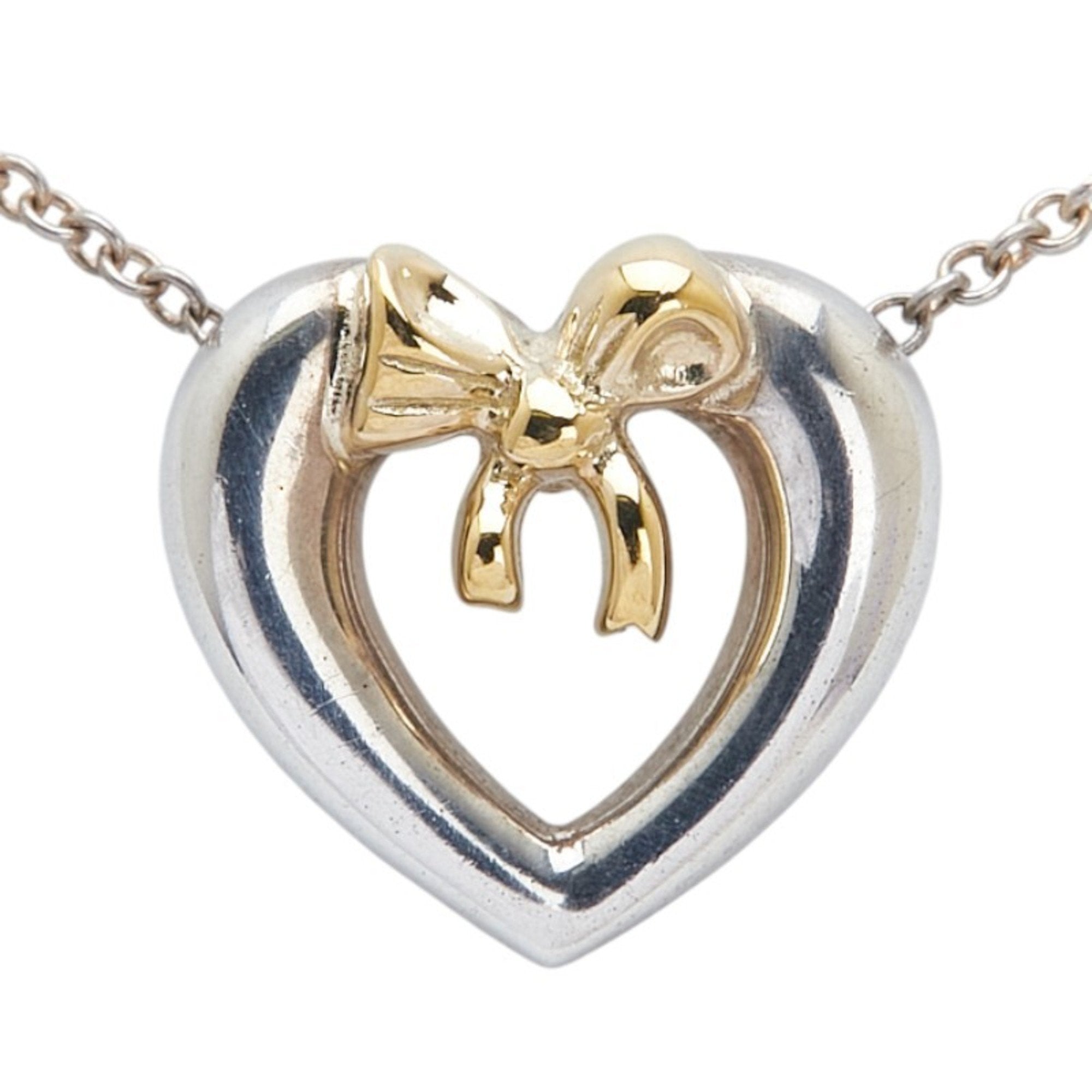 Heart Ribbon Motif Pendant Necklace 18K Gold and Sterling Silver