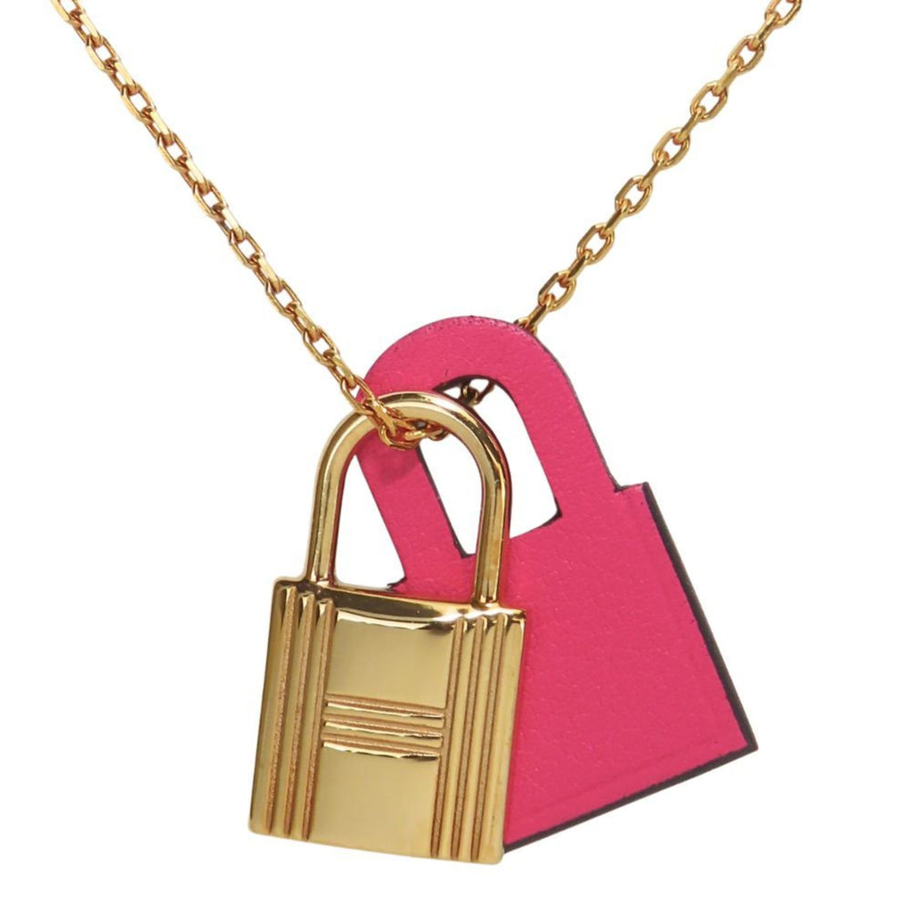 Kelly Pendant Necklace Metal and Swift Leather Pink Gold