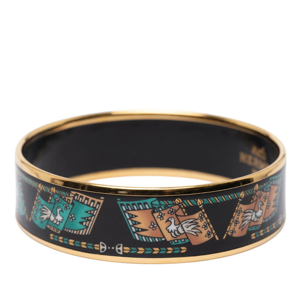 Bangle Enamel Black Gold Multicolor Bird and Flag Motif Bracelet