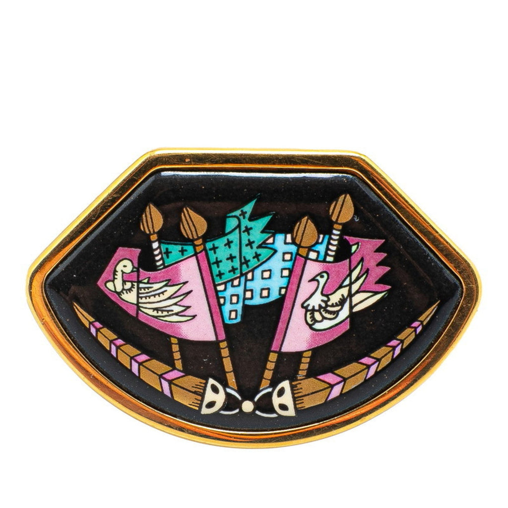 Enamel Cloisonné Brooch Black and Gold and Multi-Color