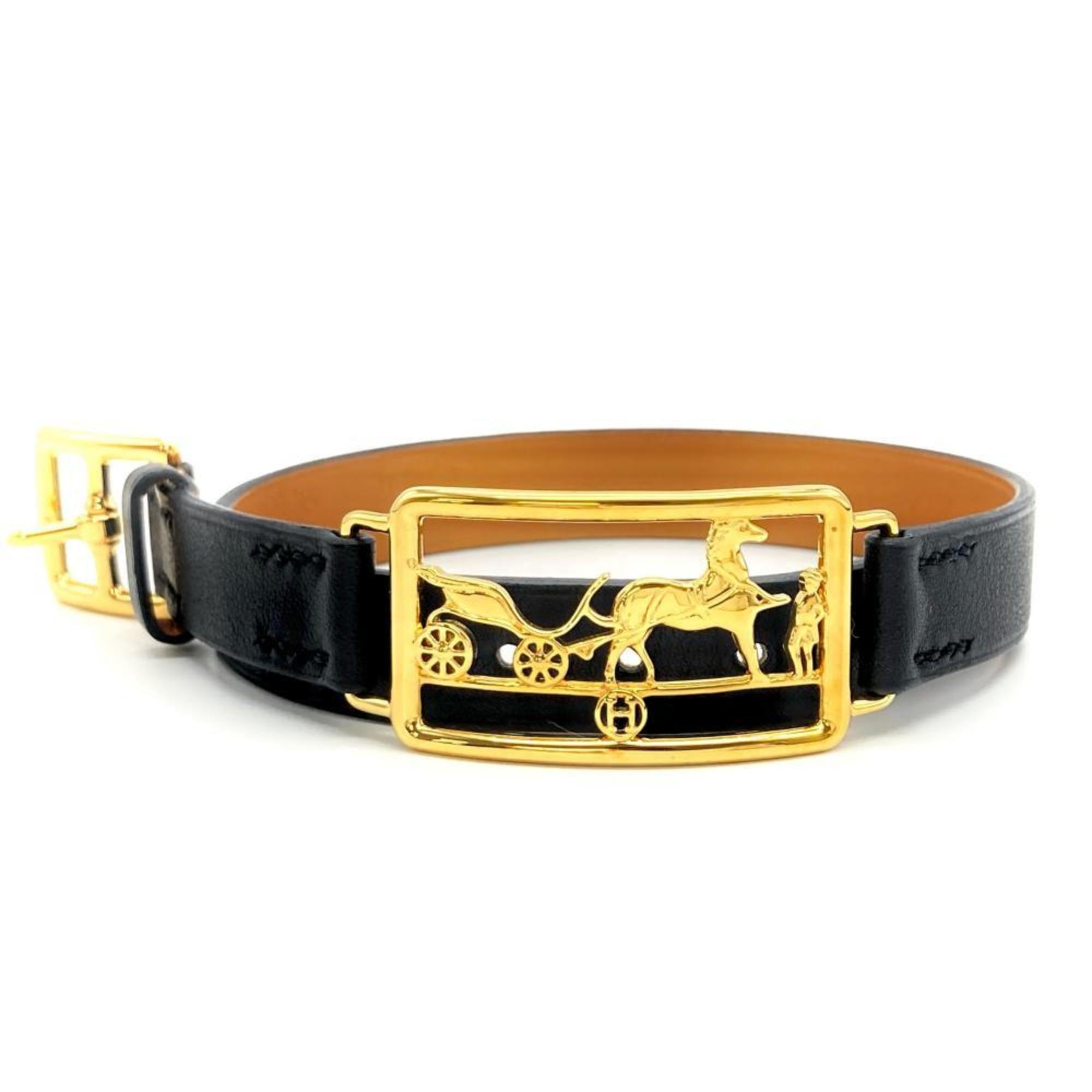 Caleche Double Tour Bracelet Leather Black and Gold