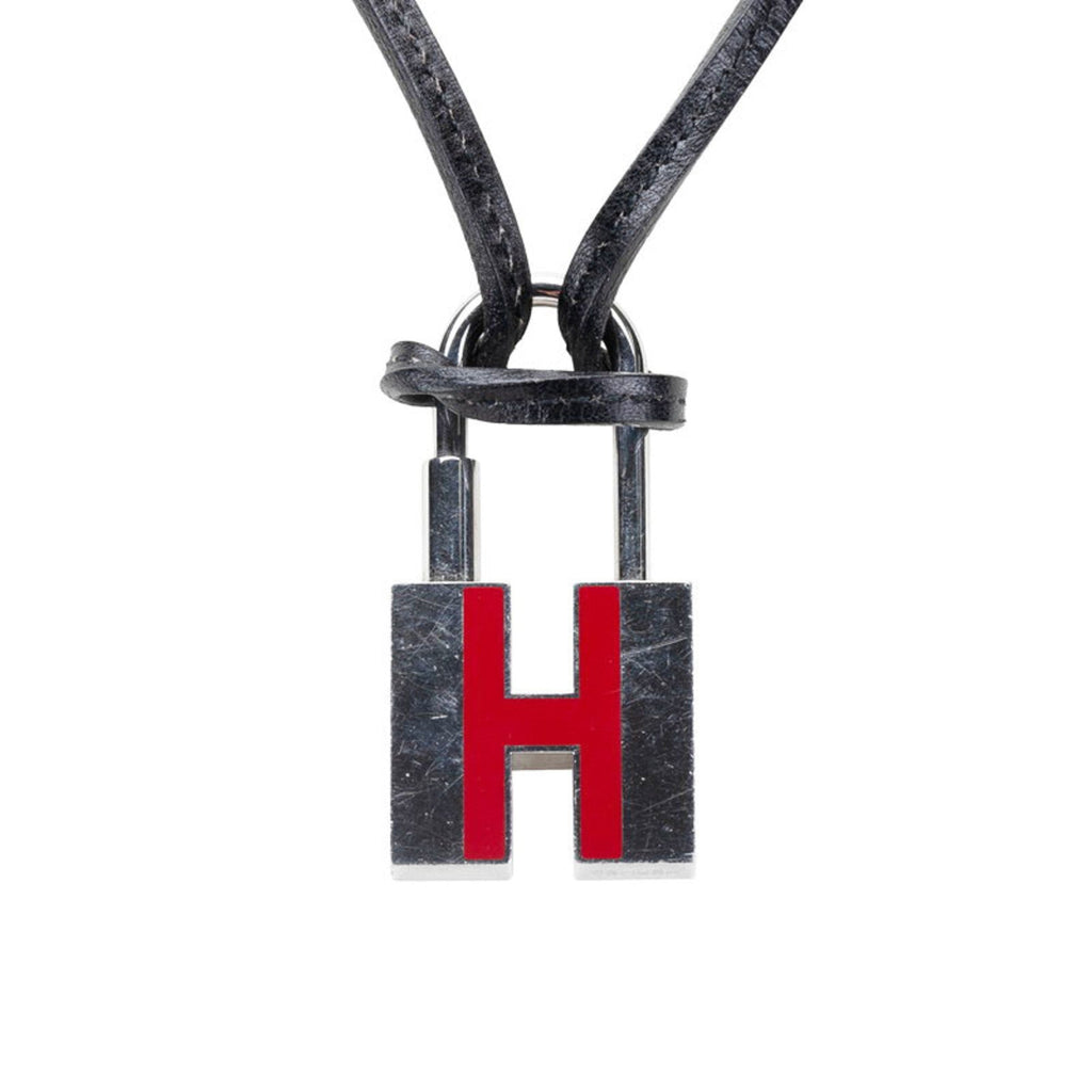 H Motif Padlock Pendant Necklace Leather and Metal Black Red Silver
