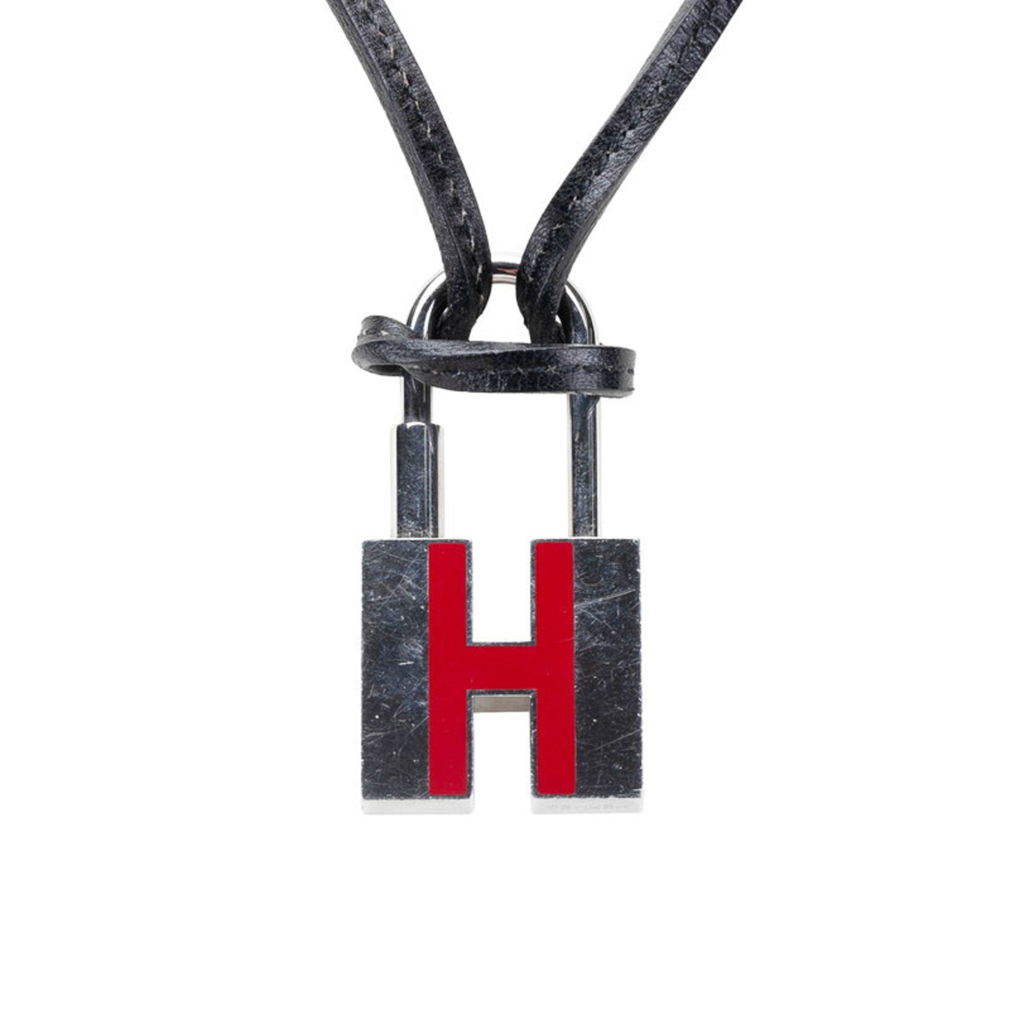 H Motif Padlock Pendant Necklace Leather and Metal Black Red Silver