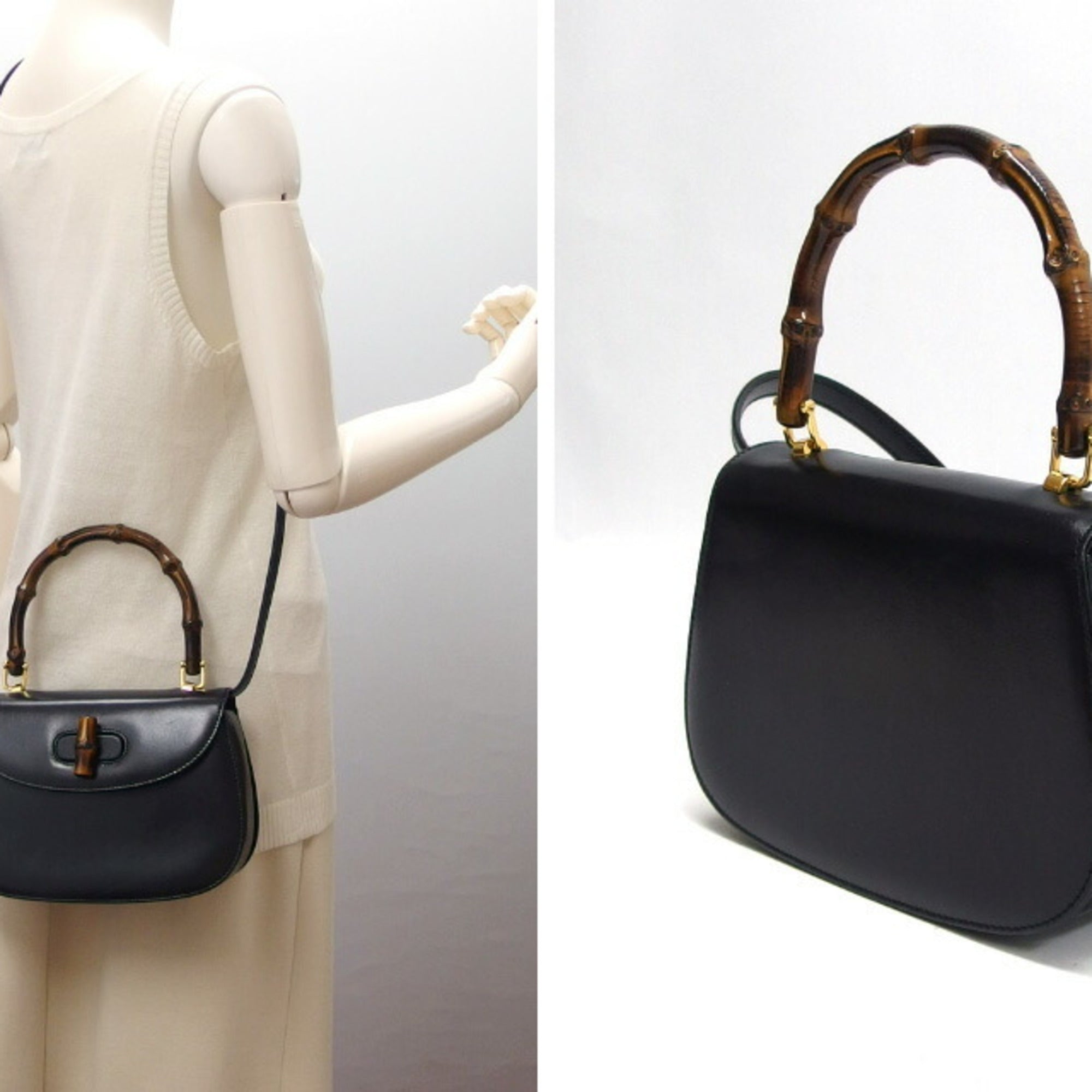 Vintage Convertible Bamboo Top Handle Bag Leather Small