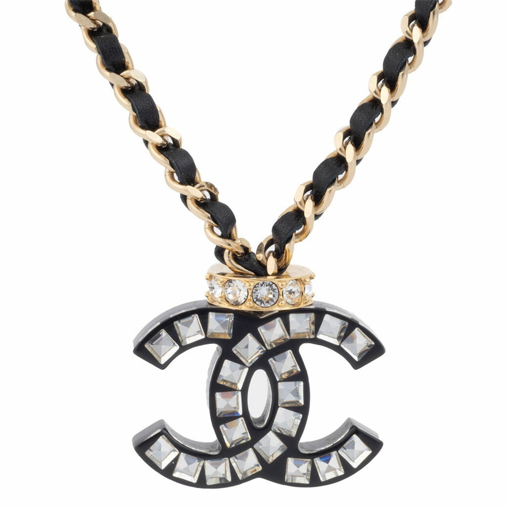 Choker Necklace Leather Black With Rhinestone