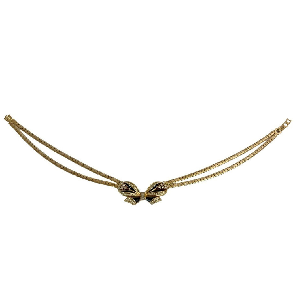 Ribbon Motif Choker Necklace Gold with Rhinestone
