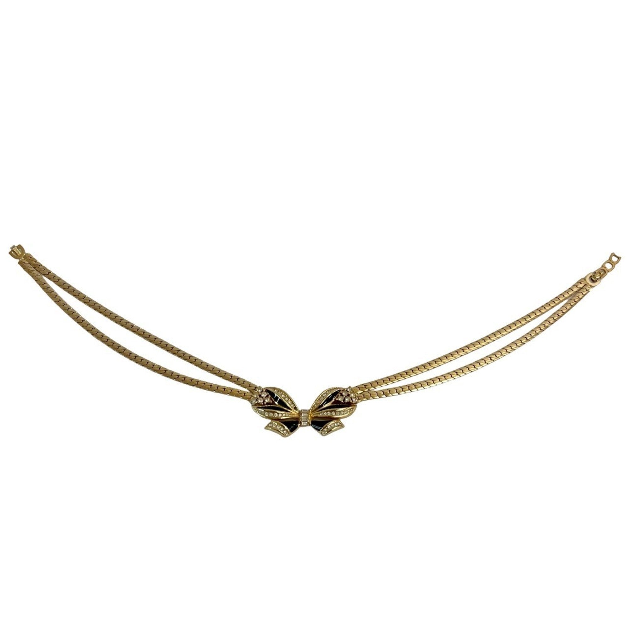 Ribbon Motif Choker Necklace Gold with Rhinestone