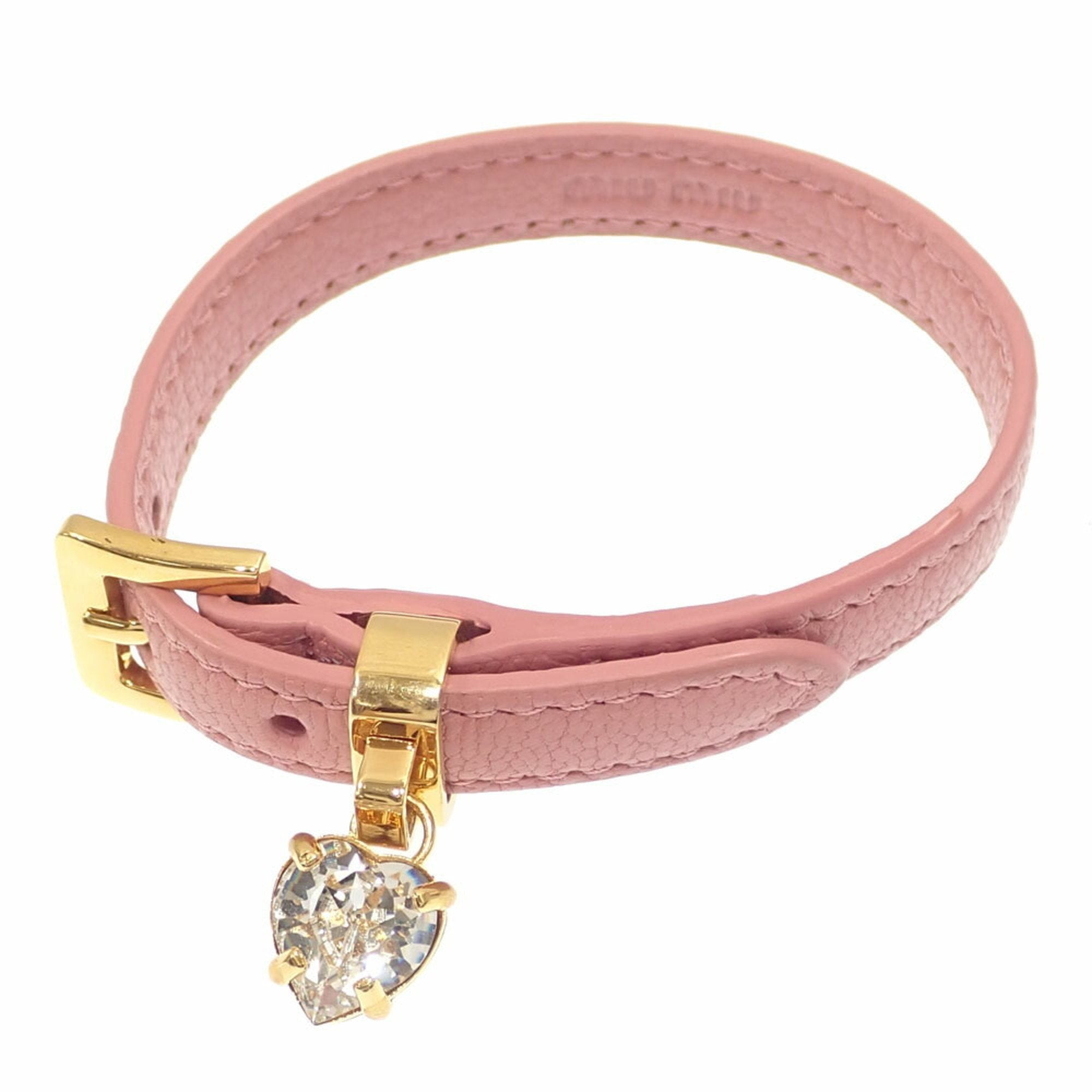 Heart Motif Bracelet Leather and Crystal Gold Pink