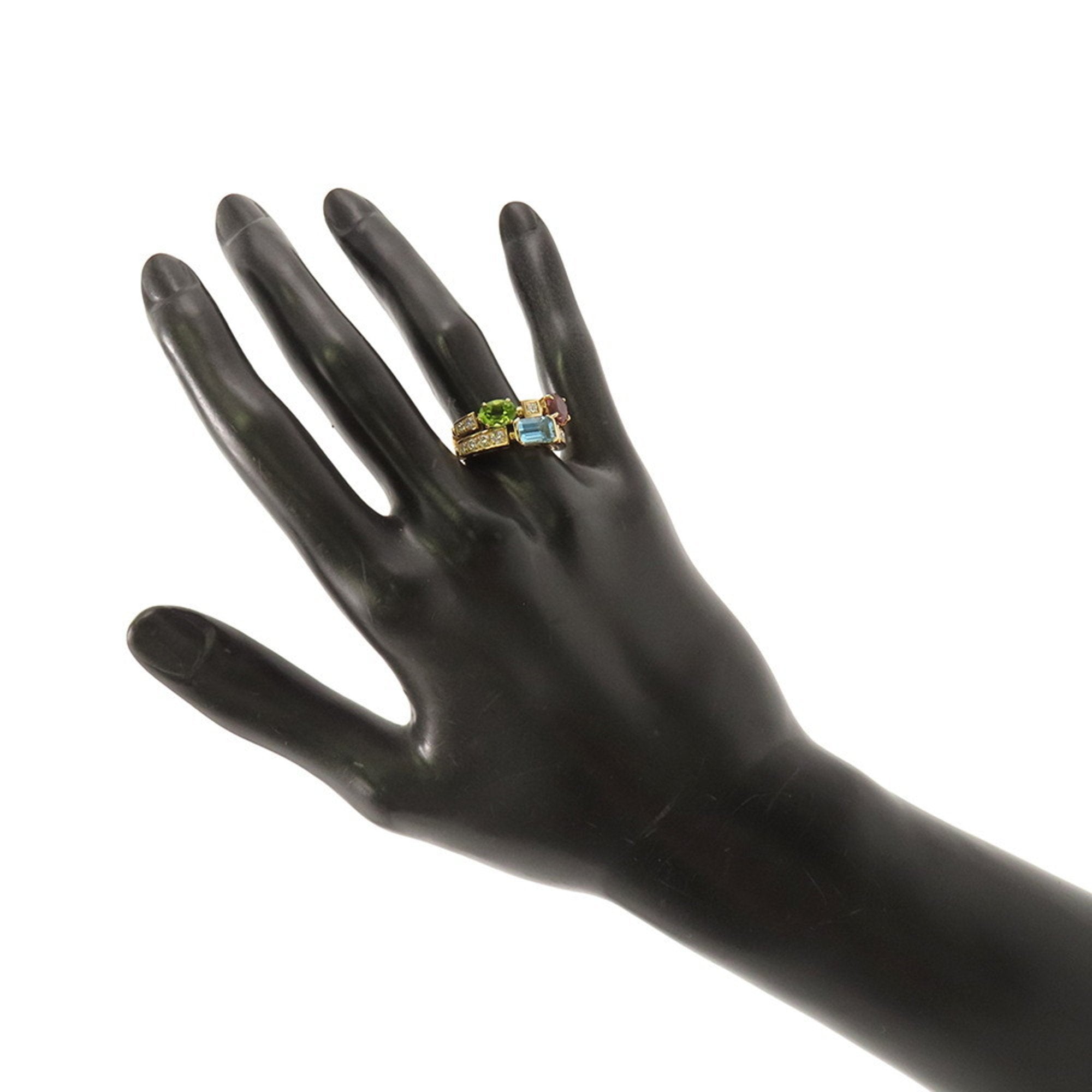 Ring 18K Yellow Gold with Diamond Peridot Topaz and Tourmaline