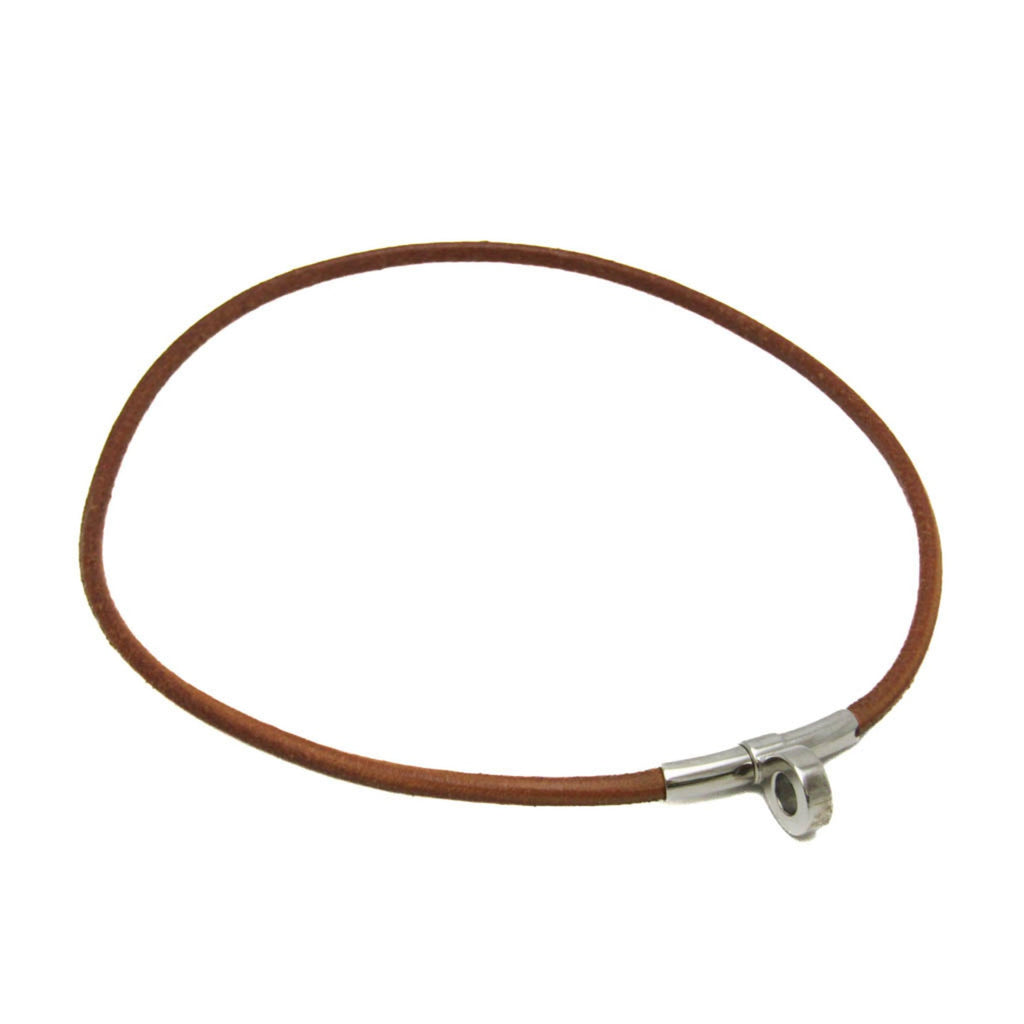 Choker Necklace Leather and Metal Brown and Silver