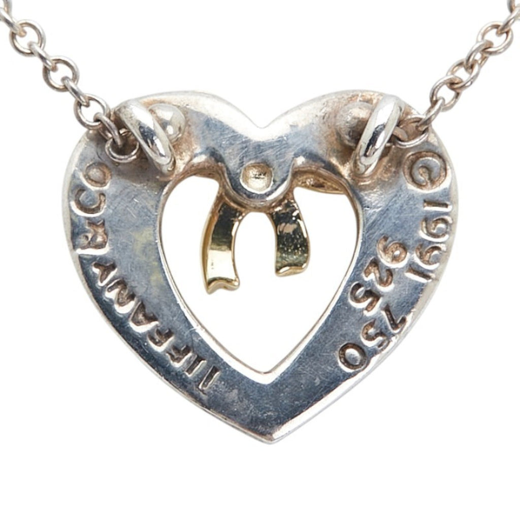 Heart Ribbon Motif Pendant Necklace 18K Gold and Sterling Silver