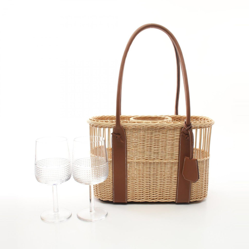 Picnic Garden Party Tote Wicker and Leather